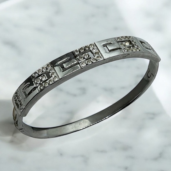 Vintage CZ Rhinestone Greek Key Initial G Silver Tone Bangle Cuff Bracelet - Picture 1 of 3